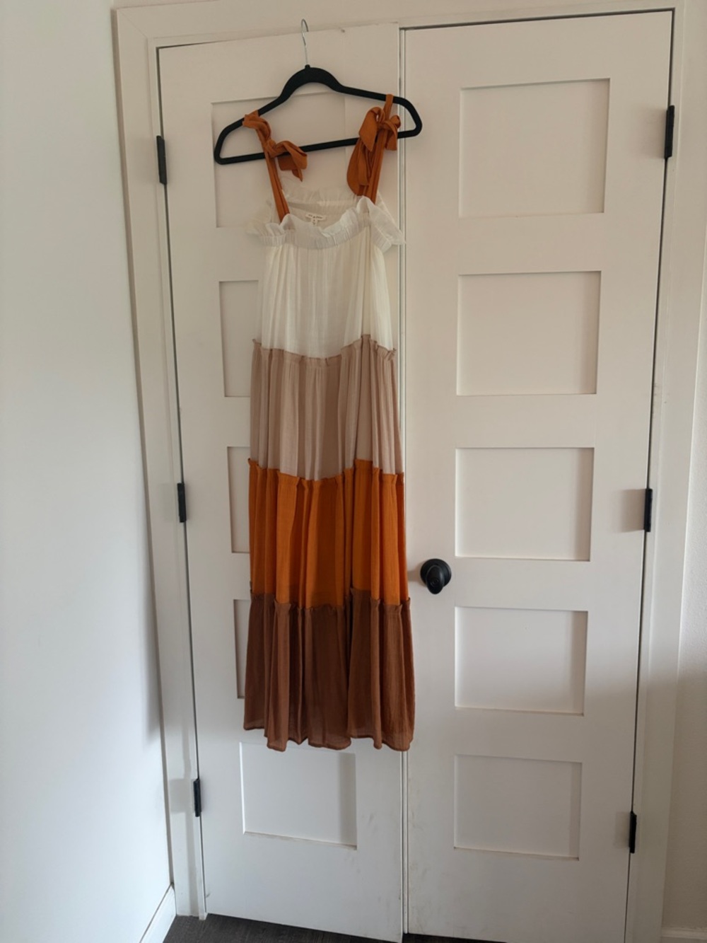 Blu Pepper Colorblock Tiered Midi Dress in White, Tan, Orange, and Brown